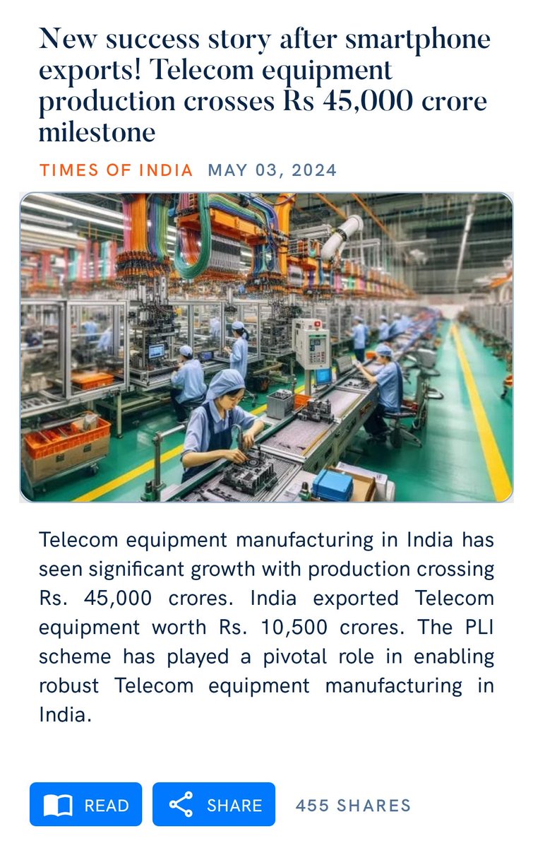 New success story after smartphone exports! Telecom equipment production crosses Rs 45,000 crore milestone timesofindia.indiatimes.com/business/india…