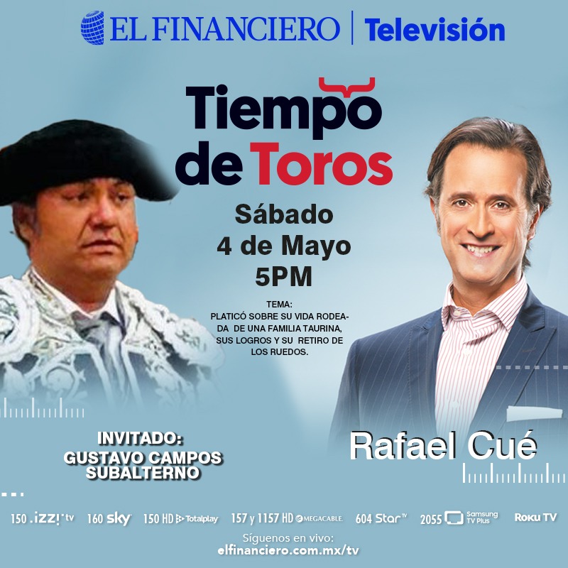 #TiempoDeToros | @rafaelcue conversa con Gustavo Campos, quien explica cómo fue su vida rodeada de una familia taurina, sus logros y su retiro, tras conseguir una carrera de más de 20 años. ¡No te lo pierdas! Este sábado, 5 p.m. por #ElFinancieroTV ➡️ bit.ly/3hPyG9M