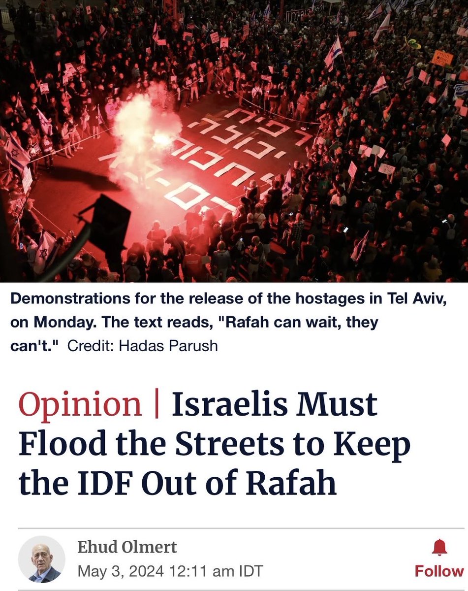 Ehud Olmert, Israels Premier (2006-2009): “Der Einmarsch in Rafah wird viele IDF Opfer, die Tötung Tausenden unbeteiligten Palästinensern, die Zerstörung Israels internationalen Ruf & erhöhte Gefahr für die Geiseln verursachen. Die israelische Öffentlichkeit muss es verhindern”