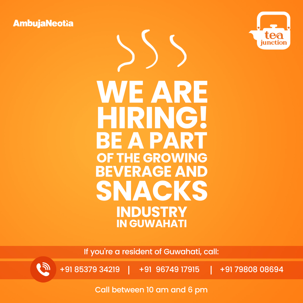 We are hiring team members in Guwahati. Come, be a part of a reputed brand and join the force of the booming beverage and snacks industry. Call us today!

#TeaJunction #AmbujaNeotia #hiring #joinourteam #newopportunities #brewingjoy #newoutlet #guwahati #deliciousnessawaits