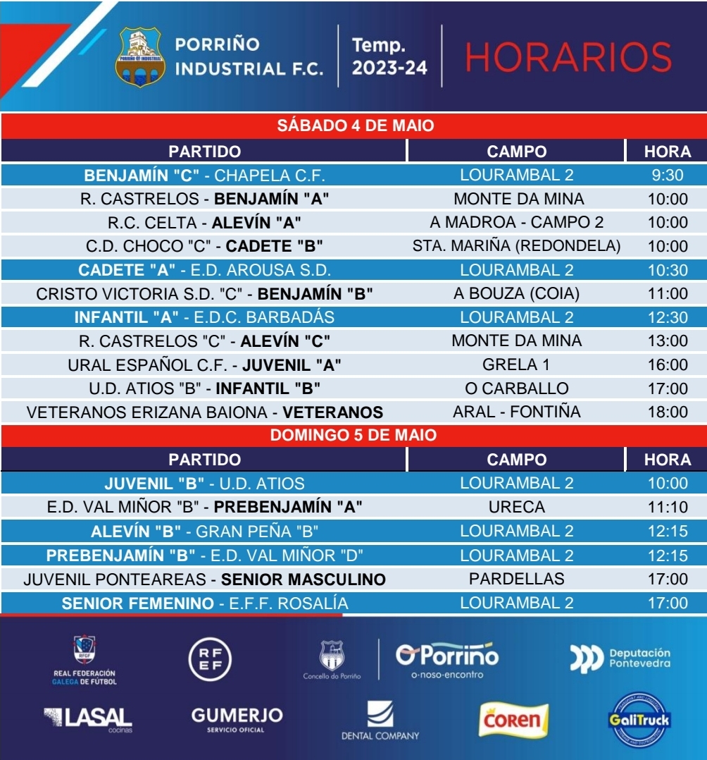 Horarios para esta fin de semana🕓⚽️

Sorte a todos 🍀

#porriñoindustrial #futgal #preferente #futbolbase
#horarios #vamosporriño