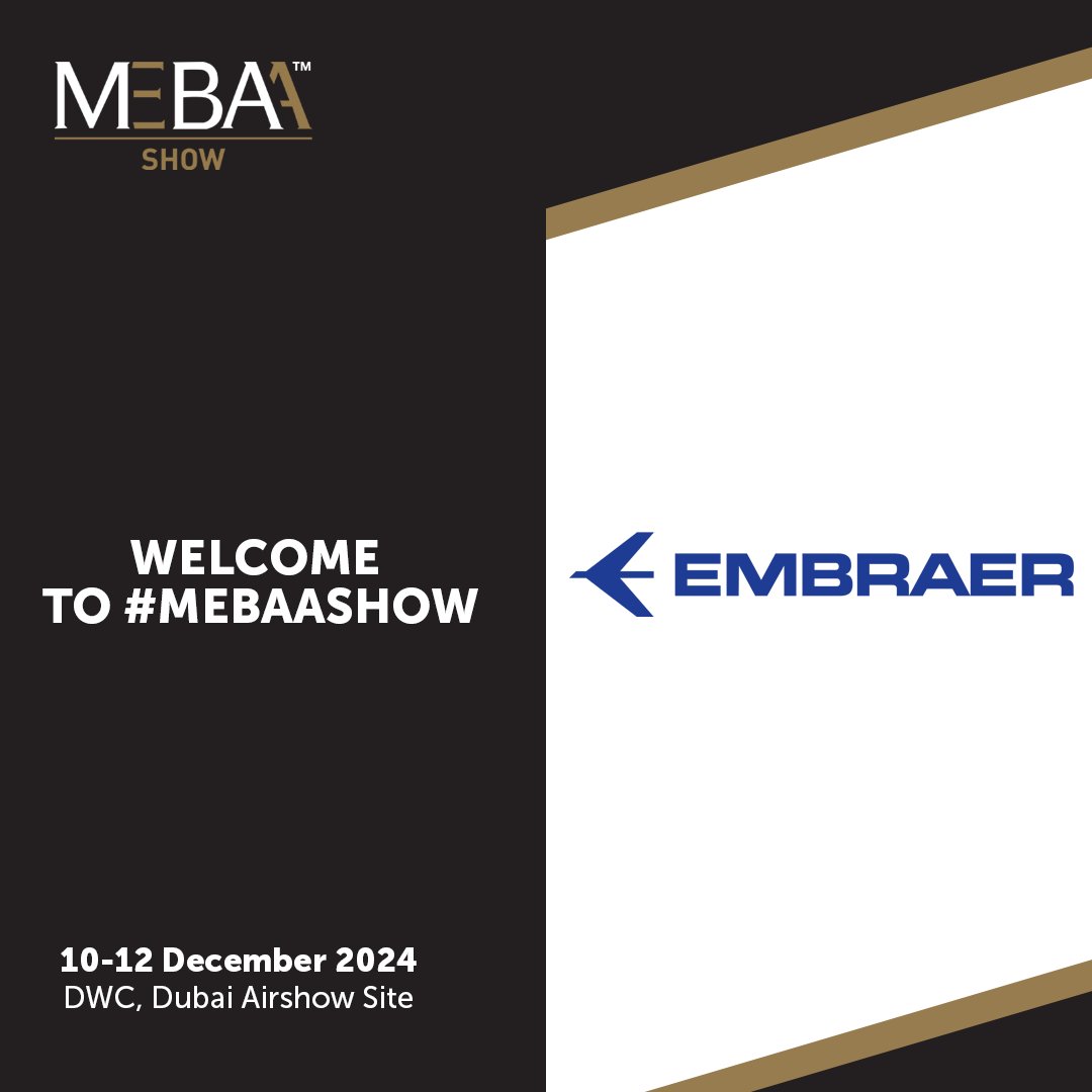 Welcome aboard,@embraer !We're thrilled to have you back at MEBAA Show 2024.With innovation, sustainability & superior comfort,@embraer leads the way in bespoke private air travel across light to midsize-cabins.  

Join them & other industry leaders alike:bit.ly/3JNAsCF