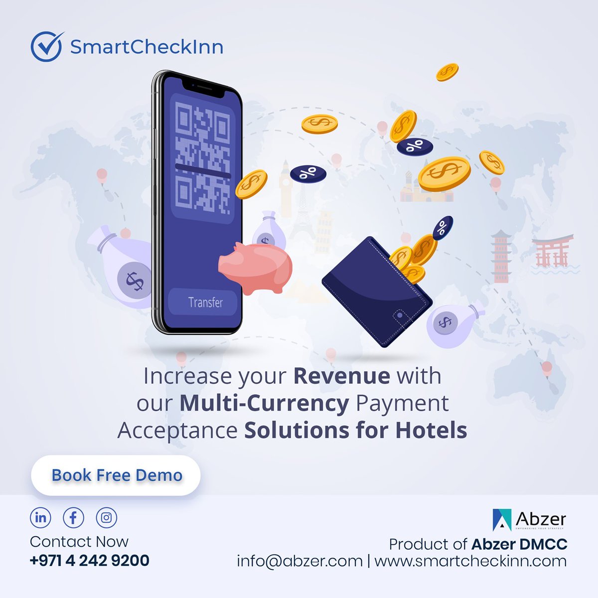 Increase your revenue with our Multi currency payment acceptance solutions for hotels!
.
.
Visit for More Info: smartcheckinn.com
.
.
WhatsApp : 0508185200
Call Now : +971 4 242 9200
.
.
#smartcheckinn #hotelpayments#paymentsolutions #abzerdmcc #abzer #onlinepaymentsolution