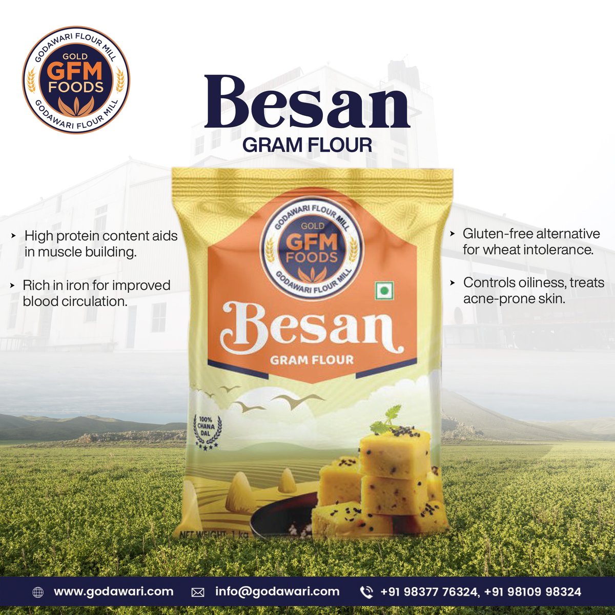 Savour your delicacies with no guilt, the gluten free Gram Flour.
Check out the Godawari Flour Mill, Besan Gram Flour The best in your choice.

Contact us Today:

📞 8267919501

#GodawariMill #BesanGramFlour #Besan #HighProtein #Wheat #GramFlour #Grains #FreshBesan #PremiumGrains