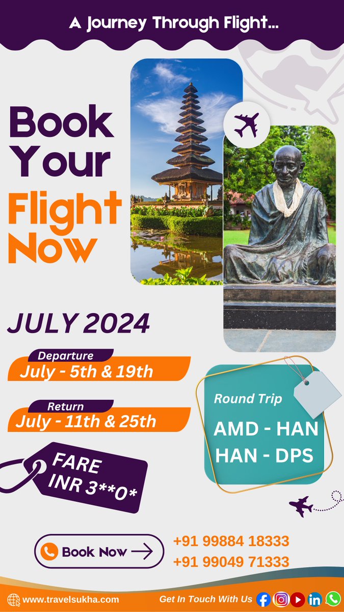 Embark on an unforgettable journey from Ahmedabad to Bali this July with Travel Sukha! Book your flight tickets now for departures on July 5th and July 19th.
#TravelSukha #AhmedabadToBali #JulyFlights #explorebali #july5th #july19th #departuredates #directflight #baliflight