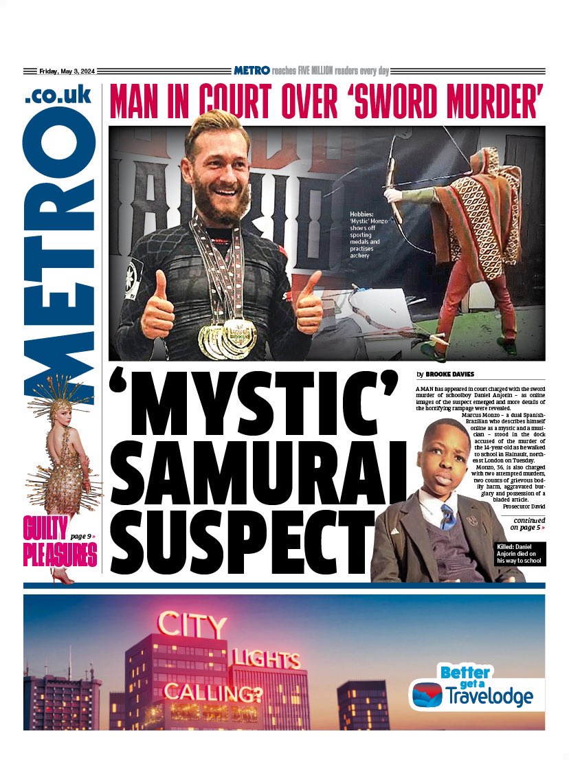 A White sword stabbing murderer gets ‘humanised’ on @MetroUK front page. Plus not ‘murderer’ ‘killer’ or ‘terrorist’ - he’s ‘mystic samurai’ ’man in court’ over ‘sword murder’. You wouldn’t think he slaughtered a 14yr old Black child who @TheSun called ‘sword lad’ implying at…