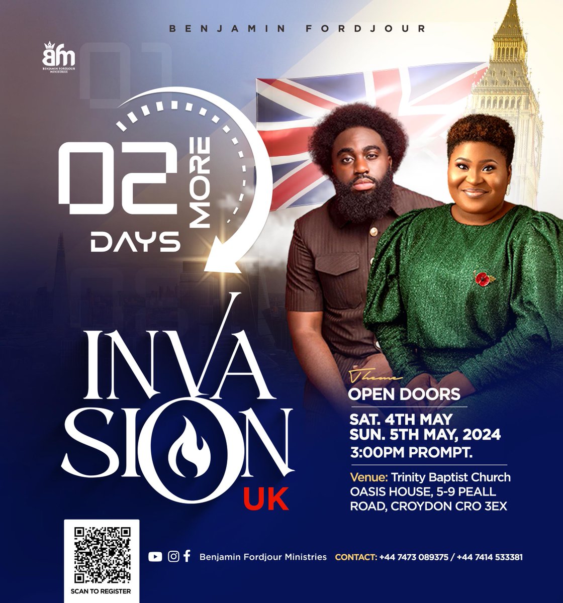 Hurry! Time is running out to register for INVASION UK, a pivotal event in London and Europe. Don't miss out on this free opportunity | May 4th-5th | @tbcoasishouse @EmmanuelSmith_ @officialjudikay @Proph_Benjamin Register FREE >>> eventbrite.co.uk/e/uk-invasion-…
