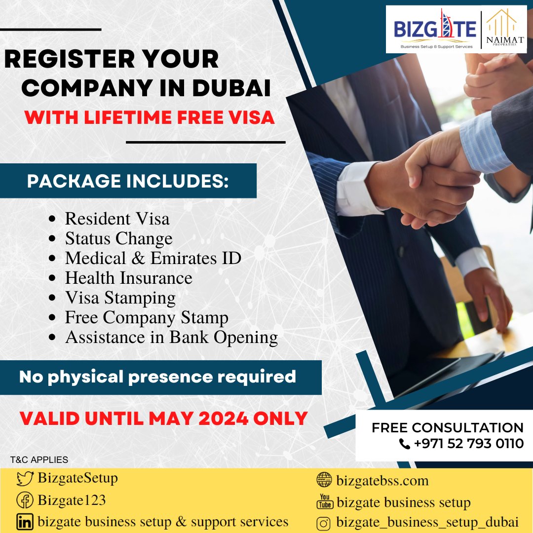 BizgateSetup's tweet image. Register your company in Dubai with Lifetime Free Visa

No physical presence required

VALID UNTIL MAY 2024 ONLY
T&amp;amp;C Applies

Contact us at +971 52 793 0110/+971 52 119 3872/+971 56 220 1709
Email: businessadvisor@bizgatebss.com/advisor@bizgatebss.com

#businesssetup #dubai #uae