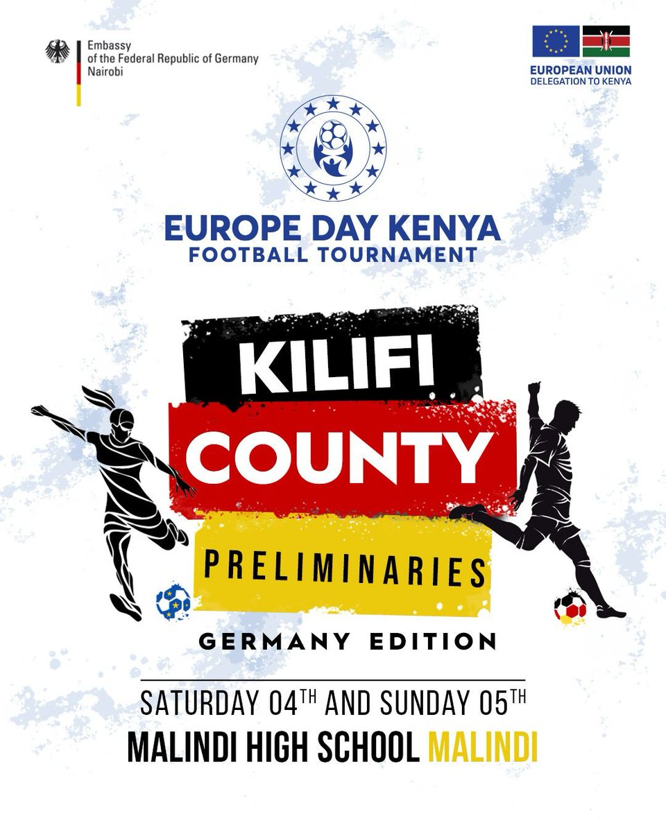 Happening tomorrow - 🏆⚽ The Europe Day Kenya Football Tournament Kilifi County Edition. Set against the backdrop of anticipation for the #UEFA EURO 2024 to be hosted in 🇩🇪. Kilifi County hosts the #EUDayKe matches this weekend! @GermanyinKenya @KilifiCountyGov @Diplo_Jazz