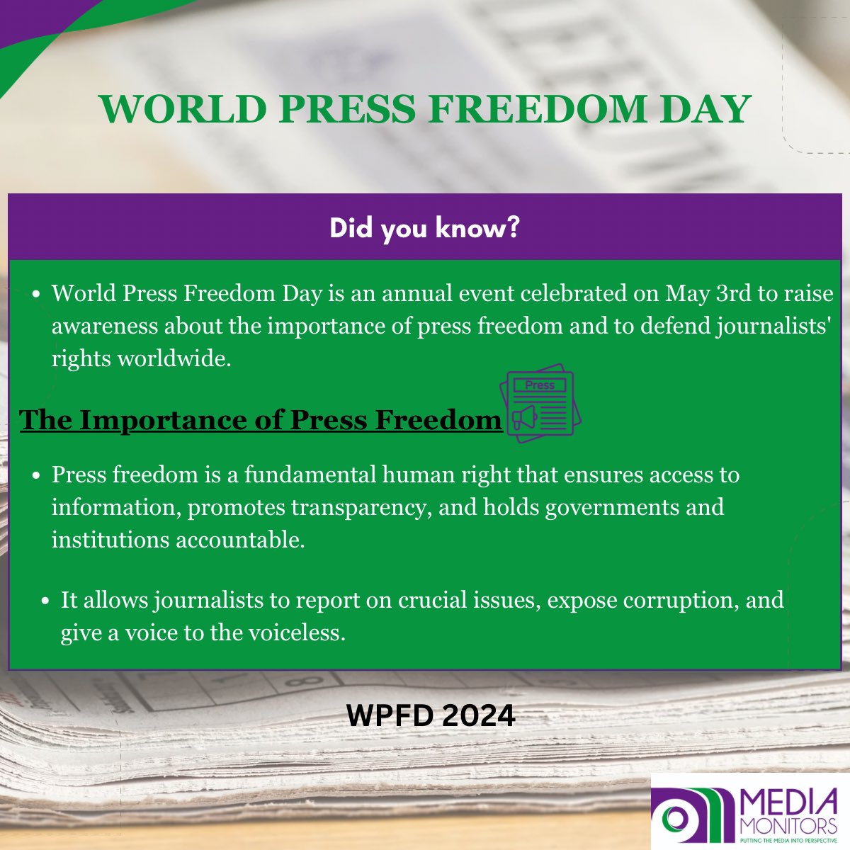 A free media is a viable and sustainable media. It empowers voices, fosters democratic discourse, promotes accountability and societal progress. Celebrating World Press Freedom Day 2024 with a focus on environmental journalism. #WorldPressFreedomDay #jourmalism #FreedomOfThePress