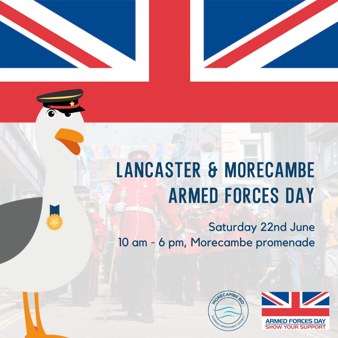 Join us at the Prom for the Lancaster & Morecambe @ArmedForcesDay on the 22nd of June!🇬🇧

Find out more👇
armedforcesday.org.uk/event/lancaste…

Saturday 22md June 2024
10:00 am - 6:00 pm
Morecambe Promenade 
LA4 4DB
-
#MorecambeBID #ArmedForcesDay #Morecambe #ArmedForces #Community #Veterans