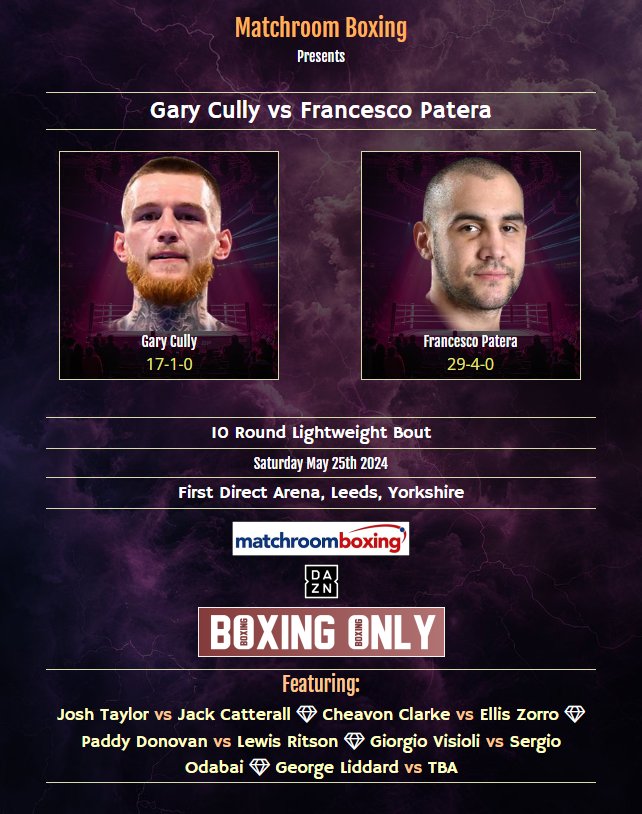 🥊 Gary Cully vs Francesco Patera
🏆 10 Round Lightweight Bout
📅 Saturday May 25th
🏟️ First Direct Arena, Leeds 🇬🇧
📢 Matchroom Boxing
📺 DAZN
🔗 boxingonly.net/boxing/gary-cu…

#CullyPatera #Boxing #BoxingNews #BoxingOnly5 #TaylorCatterall2 @BoxerCully @pateraboxing #Leeds