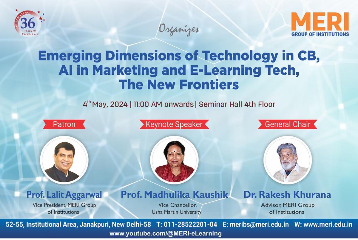 meri_college's tweet image. Excited to announce our upcoming seminar on &quot;Emerging Dimensions of Technology in CB, AI in Marketing, and E-Learning Tech: The New Frontiers&quot; on May 4th, 2024, starting at 11:00 AM in Seminar Hall.

#TechSeminar #CB #AI #MarketingAI #ElearningTech #UshaMartinUniversity #MERI