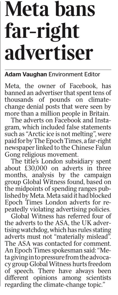 Meta, the owner of Facebook, has banned an advertiser that spent tens of thousands of pounds on climate change denial posts that were seen by more than a million people in Britain. Follows @Global_Witness investigation into Epoch Times London