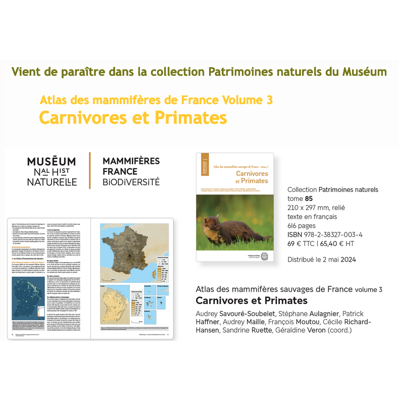 Géraldine Veron professeure @ISYEB_UMR est l'une des coordinatrices mais aussi autrice de plusieurs sections et monographies d'espèce du Vol.3 de l'Atlas des mammifères sauvages de France:🦊carnivores &🐒primates,T.85,Coll.#patrimoinesnuturels @Publi_MNHN sciencepress.mnhn.fr/fr/collections…