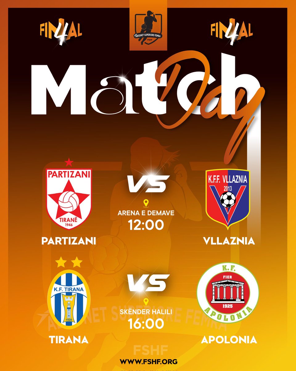 🏆 FINAL 4 ⚽️ Partizani 🆚 Vllaznia 📍'Arena e Demave', 🕑 12:00 ⚽️ Tirana 🆚 Apolonia 📍Kompleksi 'Skënder Halili', 🕑 16:00 #futboll #fshf #final4 #partizani #vllaznia #tirana #apolonia