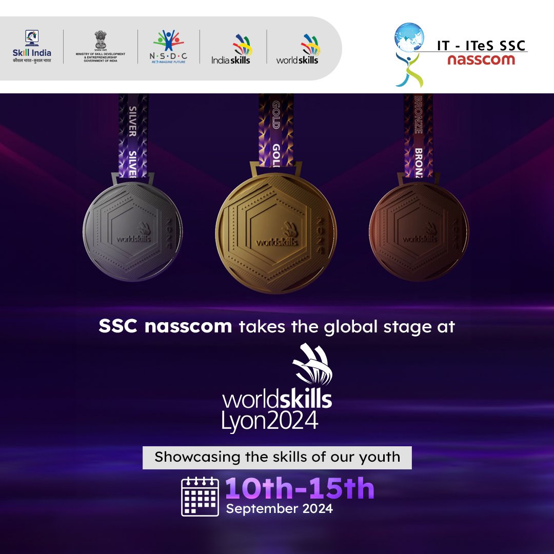 #SSCnasscom is set to make waves on the global stage! Join us at #WorldSkills in Lyon, France, from 10th-15th September 2024 as we spotlight the exceptional skills of our talented youth. Stay tuned for updates and cheer us on as we represent India's talent! #IndiaSkills #YOUTH