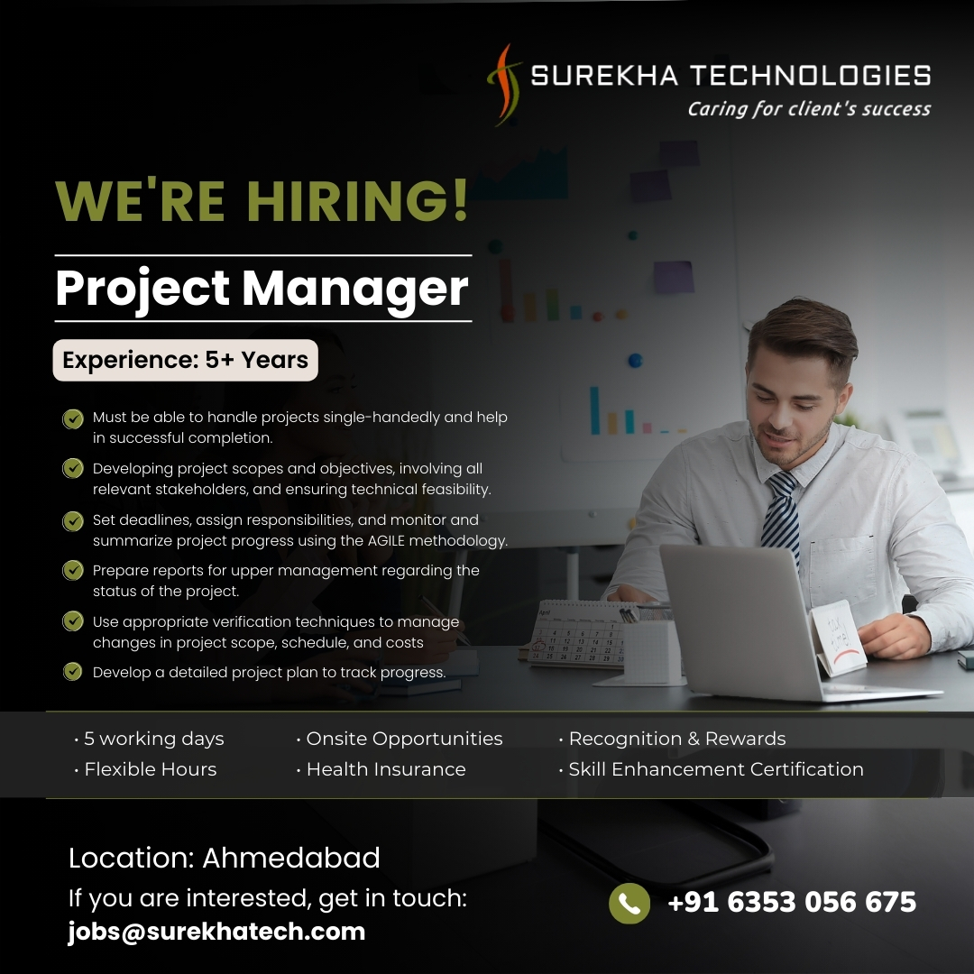 We are hiring project manager. Apply today or share this post with your network. Unleash your potential, amplify your ideas, and celebrate success together. surekhatech.com/job-applicatio… #SurekhaTech #projectmanager #wearehiring #jobopprtunity #hiring #ahmedabadjobs #ahmedabaditjobs