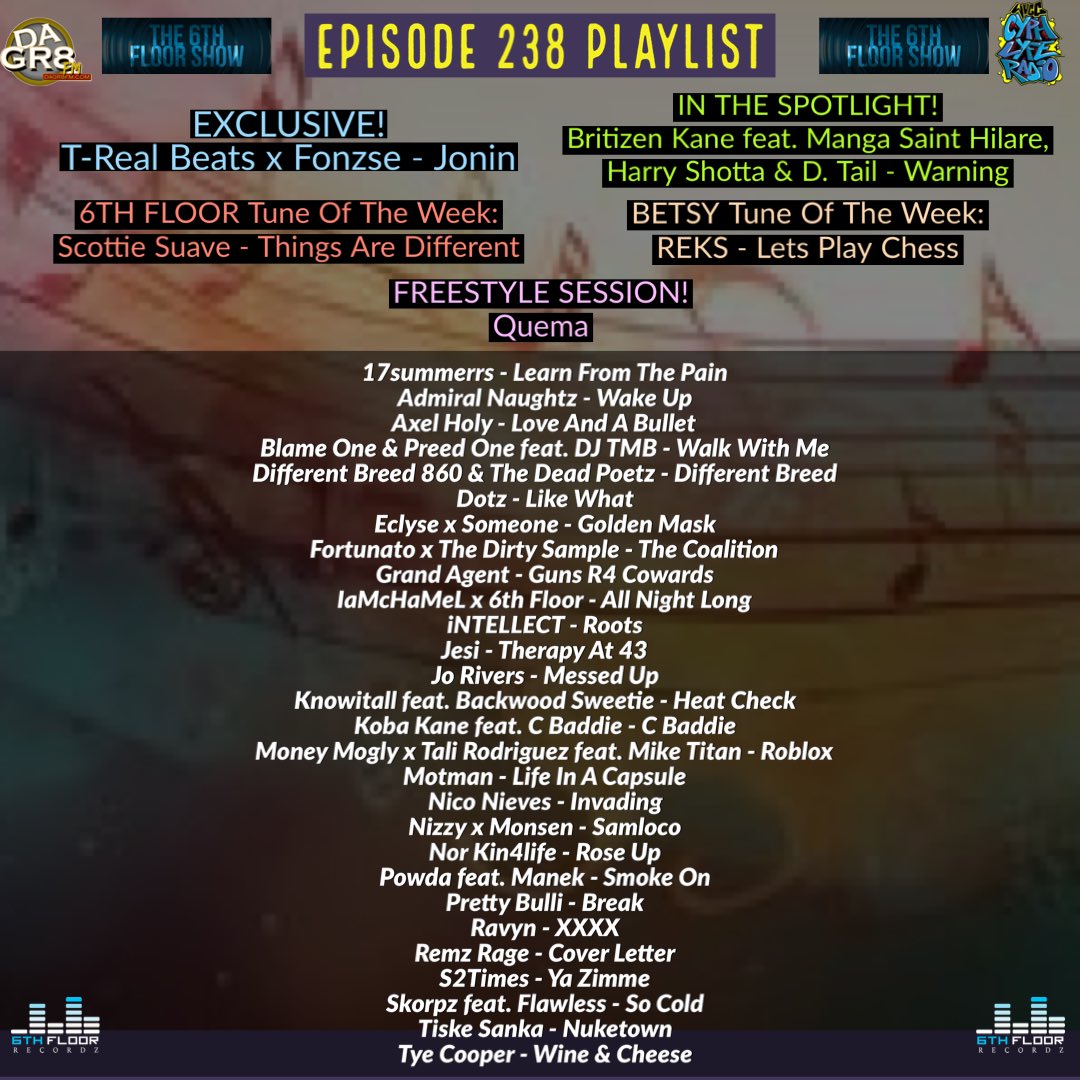 Episode 238 #ComingSoon 07/05/24 #The6thFloorShow @T_RealBeats @Fonzse @BritizenKane @MangaStHilare @HarryShotta @DTailspits @ANaughtz @Preedstah @DJTMB @Eclyse47 @IAMFORTUNATO @JoRiversMusic @KNOWITALLNYC11 @kobakaneofficia @Chy_baddiee