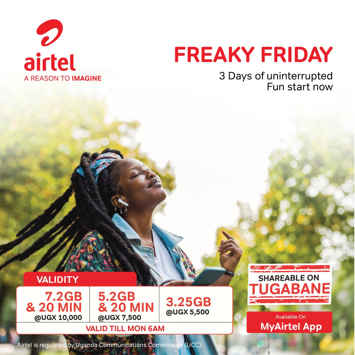 Seize the weekend with a bundle that's tailored to handle all your internet needs, purchase a #FreakyFriday bundle valid till Monday.

Dial *100*0# or visit airtelafrica.onelink.me/cGyr/qgj4qeu2 on the #MyAirtelApp