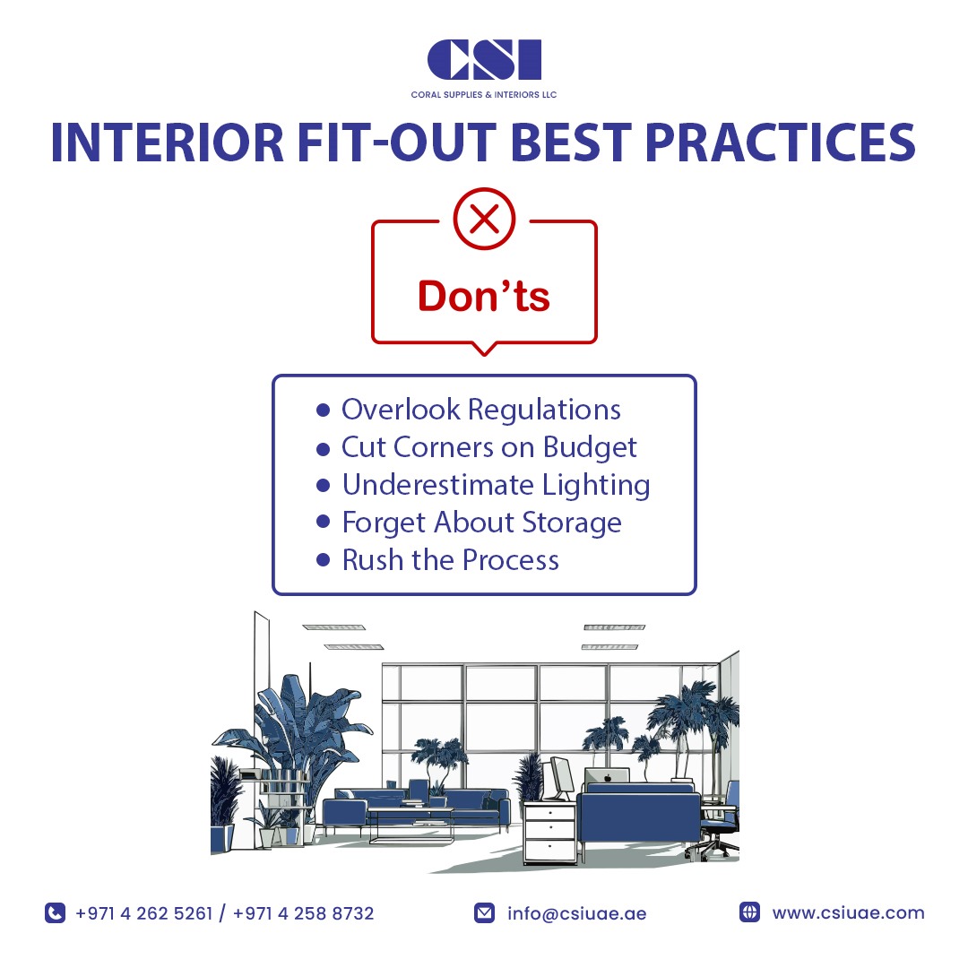 Avoid common pitfalls in your next project. 

For more tips and professional guidance, Call us @ +971 4 2625261 / +971 4 2588732, Email us @ info@csiuae.ae, or Visit us: csiuae.com.

#DesignDosAndDonts #OfficeRevamp #RetailDesign #SpaceTransformation #interiorfitout