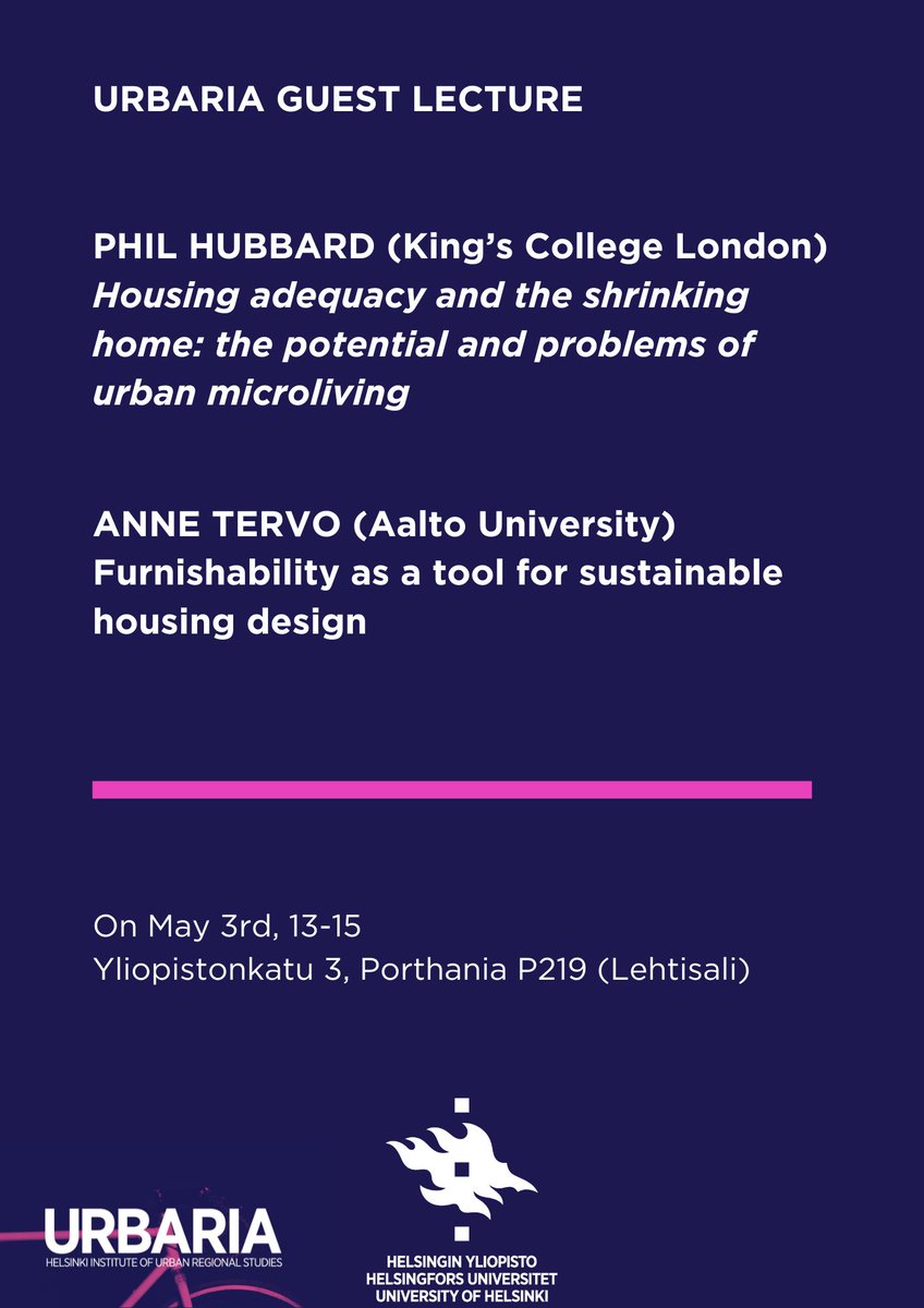 Welcome to Urbaria Guest Lecture with @PhilHubbard1 & Anne Tervo at 13-15. Two very interesting presentations on housing and sustainability. Wish to attend remotely? Please send me an email: mikko.posti@helsinki.fi
