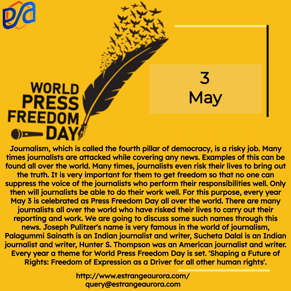 Happy World Press Freedom Day from Estrange Aurora.
#pressfreedom #journalism #freepress #humanrights #freedomofspeech #amnestyinternational #reporterswithoutborders #media #journalist #worldpressfreedomday #press #news  #reporterssansfrontieres #humanrightswatch  #EstrangeAurora