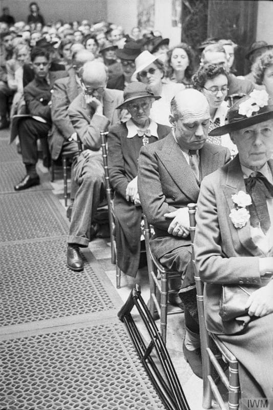 Classical music 1943. A view of the audience with many people dozing as they listen to a lunch hour concert at the National Gallery London. They are listening to the Blech string quartet with Watson Forbes on viola. >FH