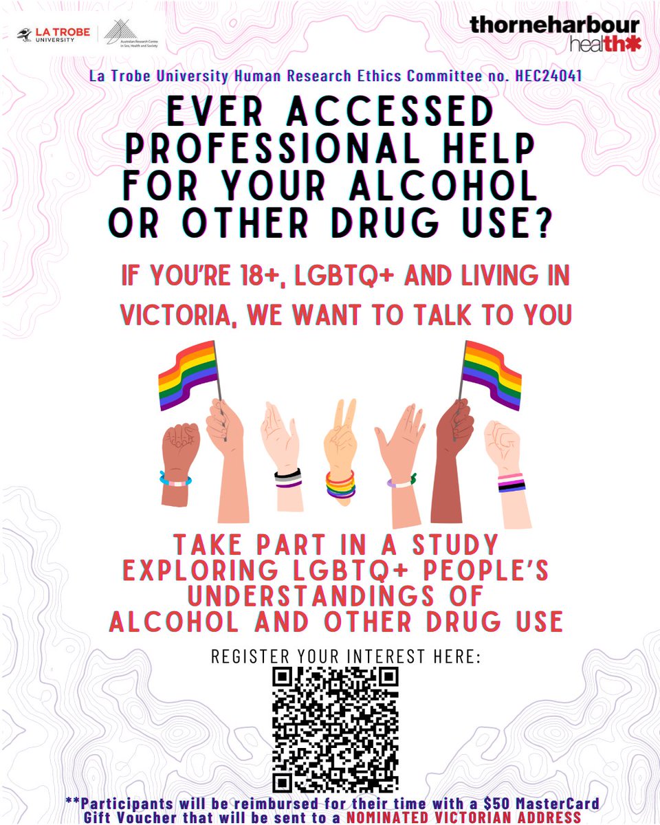 Researchers at ARCSHS are looking to speak to LGBTQ+ Victorians who have experience difficulties with their drug use, and have sought out professional support for it! Register your interest at: redcap.link/FOSINT
