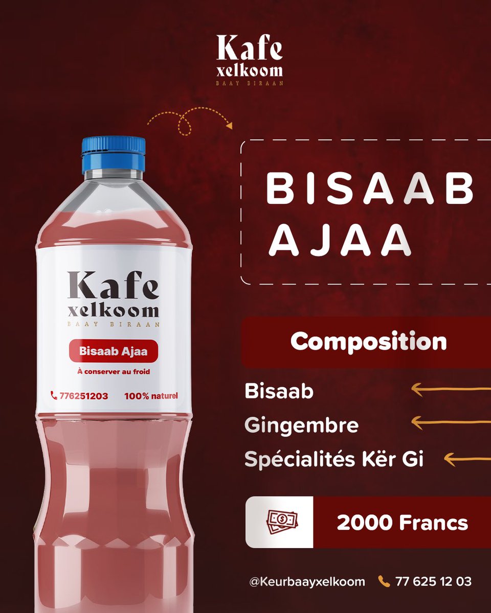 BISAAB AJAA. Wa Kër Gi xam na ñu ko. Disponible en bouteille d’un litre. WAS BAAY XELKOOM Faites vous livrer du BISAAB chaud avec gingembre et des astuces de Kër Baay @xelkoom disponible. #cafe #cafetouba #coffee #xelkoom #senegal #touba #touba #murid 🏷️ : 2000 fcfa.