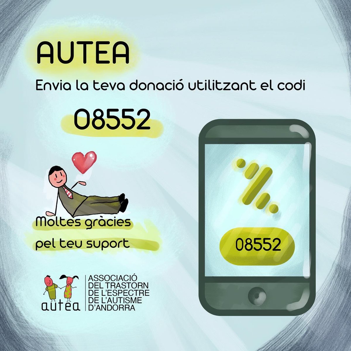 Bon dia!
Per poder comptar amb una “bossa solidària” per finançar diferents necessitats socials de persones amb TEA d’Andorra, hem obert un BIZUM a AUTEA. Qualsevol aportació serà molt benvinguda. Moltes gràcies per col.laborar!!🙏🏻💙👏