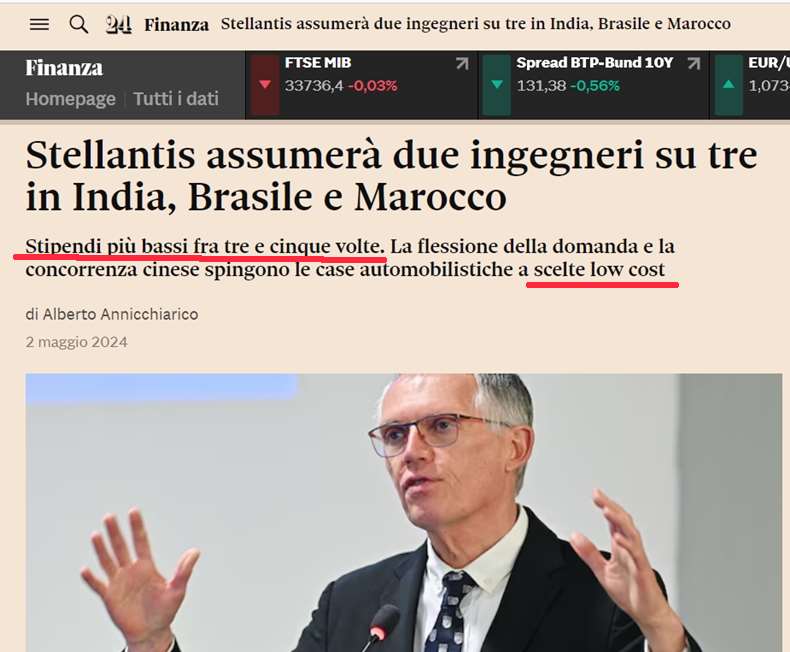 #Stellantis assumerà due ingegneri su tre in India, Brasile e Marocco.
Stipendi più bassi fra tre e cinque volte: scelte low cost