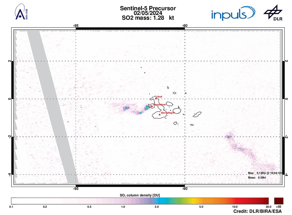 On 2024-05-02 #TROPOMI has detected an enhanced SO2 signal of 3.13DU at a distance of 25.8km to #Fernandina. Other nearby sources:  #Wolf #Sierra Negra. #DLR_inpuls @tropomi #S5p #Sentinel5p @DLR_en @BIRA_IASB @ESA_EO #SO2LH