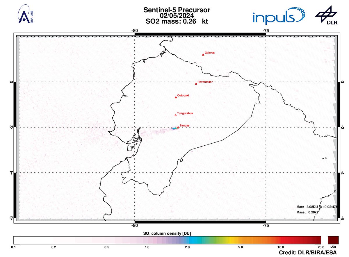 On 2024-05-02 #TROPOMI has detected an enhanced SO2 signal of 3.08DU at a distance of 6.7km to #Sangay. Other nearby sources:  #Tungurahua #Cotopaxi. #DLR_inpuls @tropomi #S5p #Sentinel5p @DLR_en @BIRA_IASB @ESA_EO #SO2LH