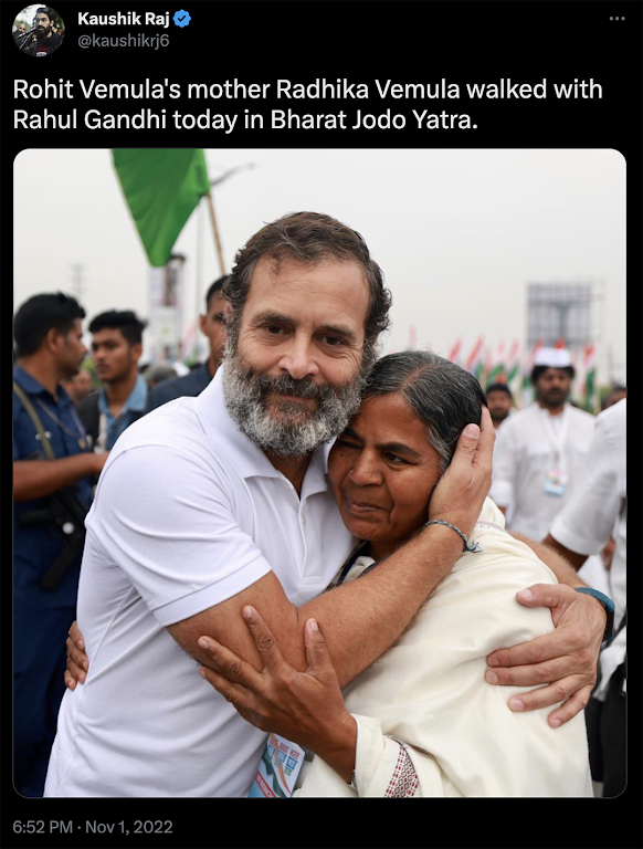 The Telangana Police, under a Congress state government, have closed the Rohith Vemula case. In Telangana, Rohith’s mother, Radhika, joined the Bharat Jodo Yatra. The organisers posted pictures of Rahul Gandhi hugging Radhika Vemula. However, besides this photo-op, Gandhi had…