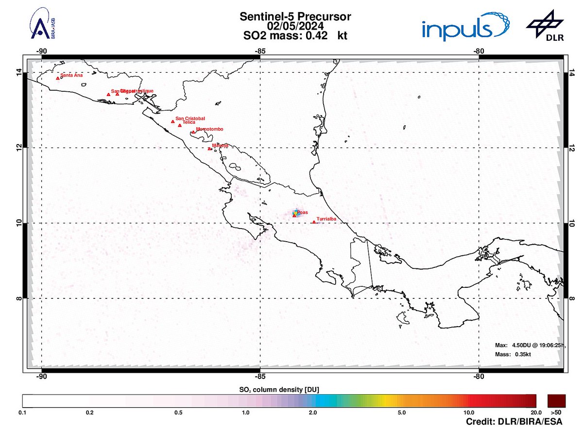 On 2024-05-02 #TROPOMI has detected an enhanced SO2 signal of 4.50DU at a distance of 7.6km to #Poas. Other nearby sources:  #Turrialba. #DLR_inpuls @tropomi #S5p #Sentinel5p @DLR_en @BIRA_IASB @ESA_EO #SO2LH