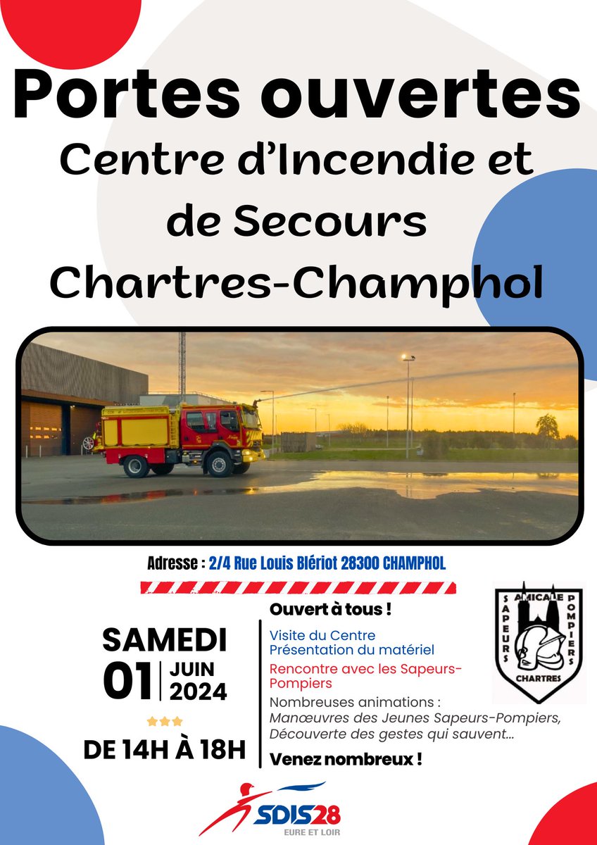 [#PortesOuvertes 🚒👨‍🚒] 

Démonstrations, visite de la caserne, présentation des véhicules… Venez à la rencontre des pompiers de #Chartres ! 

📆Samedi 1er Juin 2024, de 14h à 18h
📍Rue Louis Blériot - Champhol