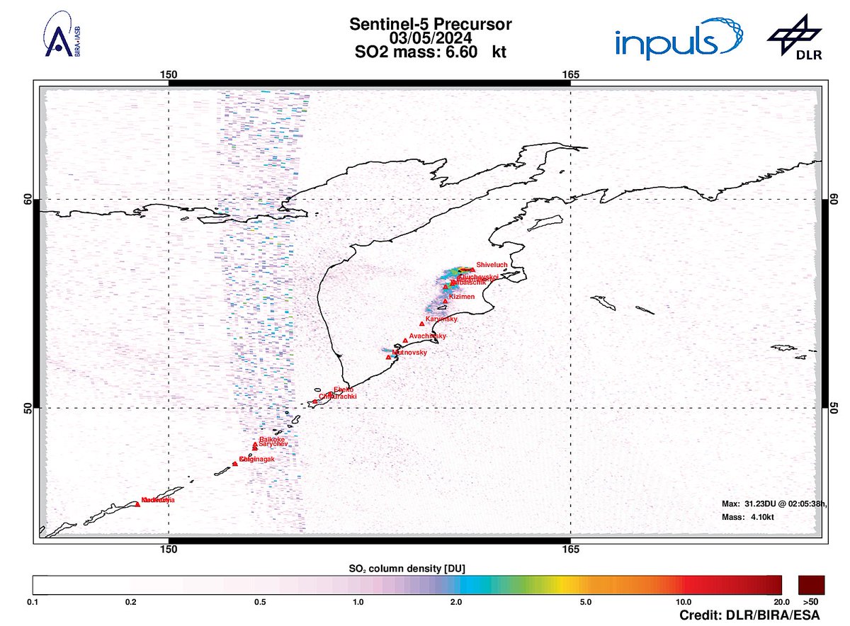 On 2024-05-03 #TROPOMI has detected an enhanced SO2 signal of 31.23DU at a distance of 9.6km to #Shiveluch. Other nearby sources:  #Kliuchevskoi #Bezymianny #Tolbatschik. #DLR_inpuls @tropomi #S5p #Sentinel5p @DLR_en @BIRA_IASB @ESA_EO #SO2LH