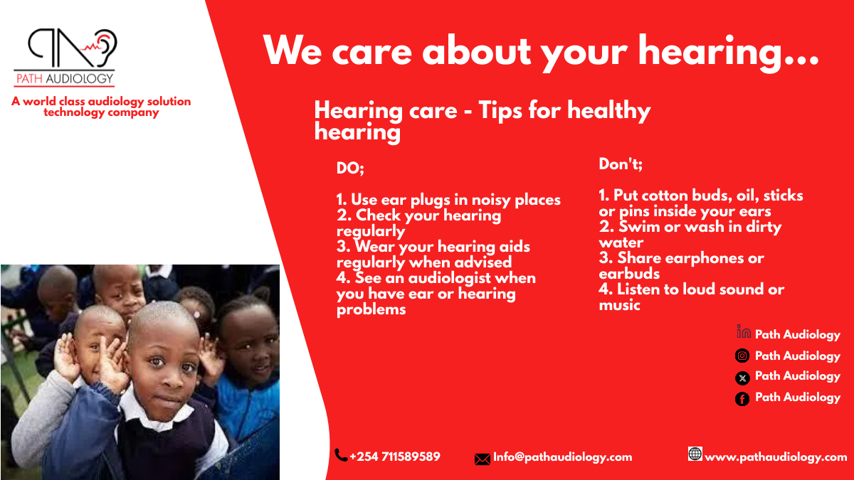 We care about your hearing...Tips for healthy hearing. For more inquiries, call us today, +254 711589589. #ehdi #audiology #hearinghealth #hearing #hearinglossawareness #hearingscreening #hearing #earandhearingcareforall