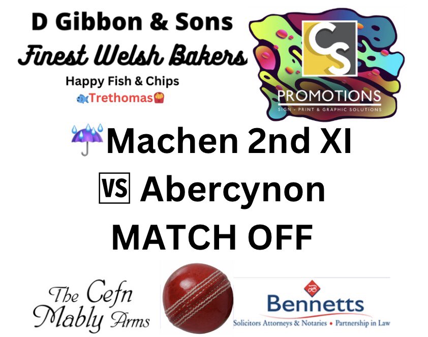🏏☔️The weather’s done its worst, and the Welfare Ground will not be hosting our 2nd XI 🆚 Abercynon🌊
Thanks to D Gibbon &amp; Sons, Finest Welsh Bakers, <a href="/CSPromotionsltd/">CS Promotions Ltd</a> of Caerphilly, <a href="/thecefnmably/">The Cefn Mably Arms</a>, Happy Fish &amp; Chips of Trethomas, &amp; Bennetts Solicitors
<a href="/SEWCLeague/">SEWCL</a> <a href="/AllWalesSport/">All Wales Sport</a>