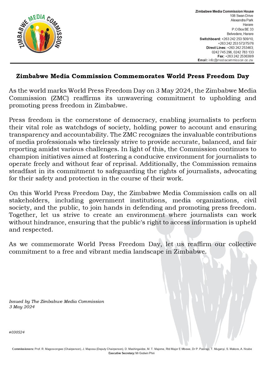 #WorldPressFreedomDay As the world marks World Press Freedom Day, the Zimbabwe Media Commission reaffirms its unwavering commitment to upholding and promoting press freedom in Zimbabwe