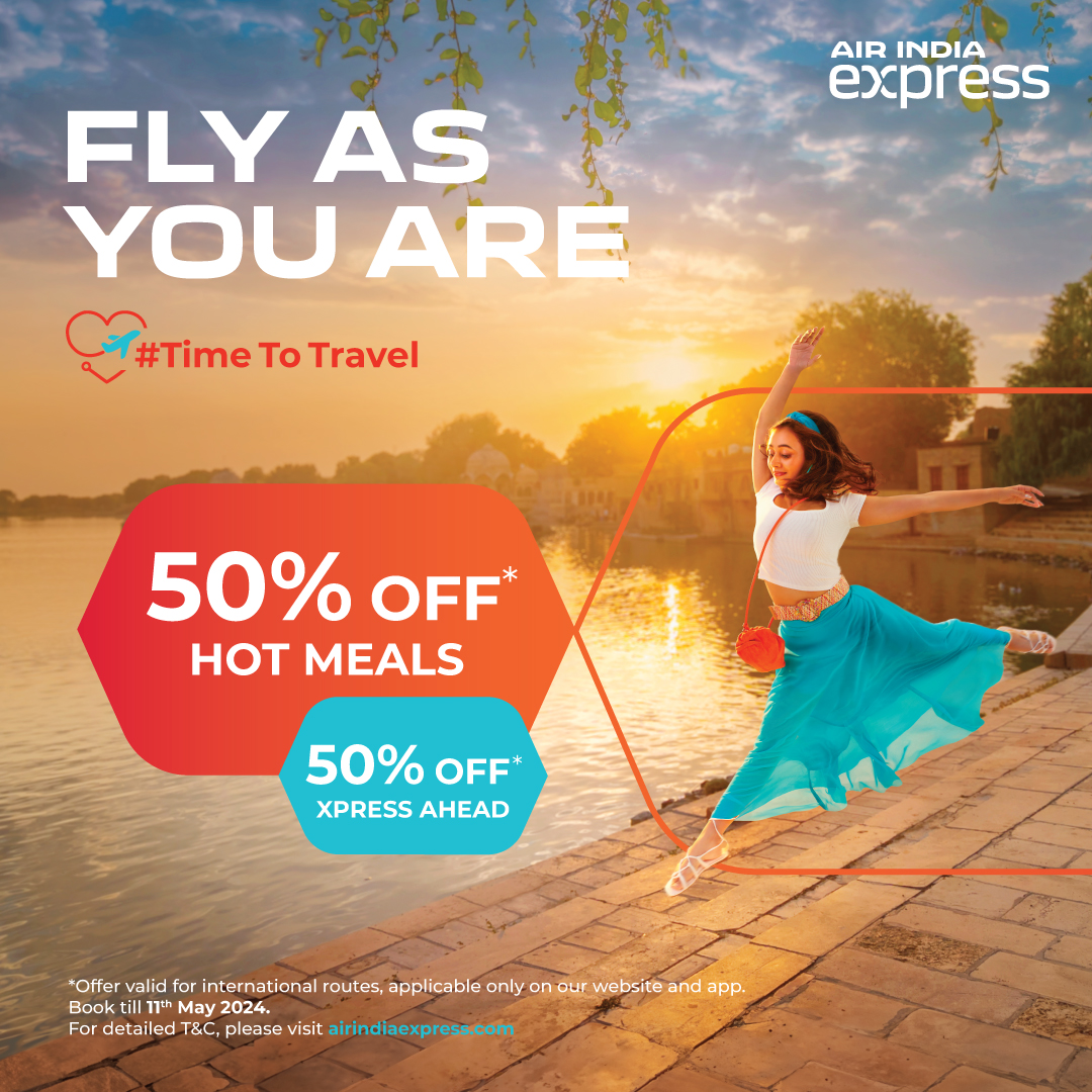 Get, set, fly!🛫 It's #TimeToTravel!  ✨Enjoy 50% off meals and Xpress Ahead Priority Services on international flights. #FlyAsYouAre and enjoy plush comfy seats, delicious Gourmair hot meals and a host of benefits. Book now on airindiaexpress.com.