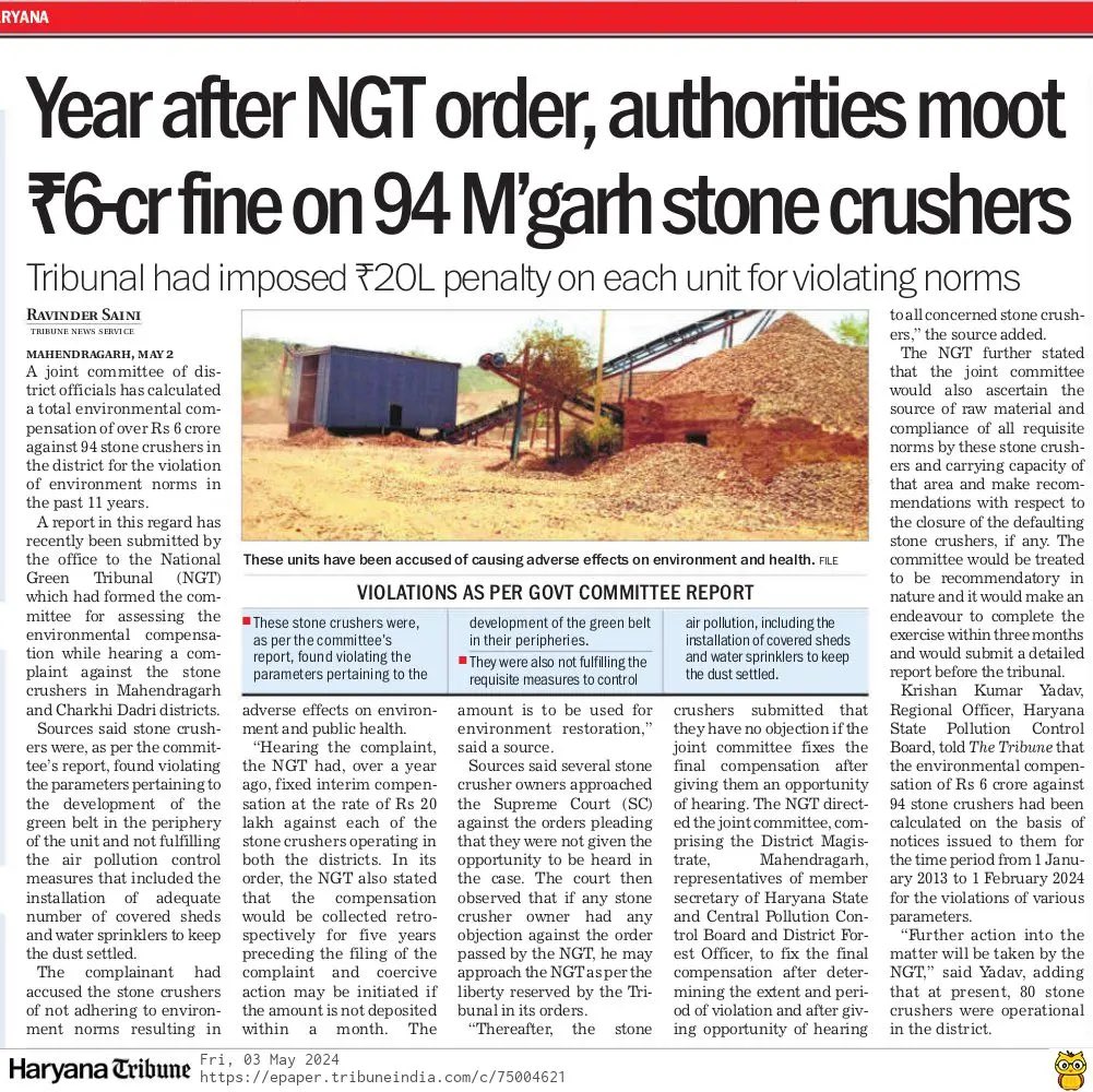 Year after NGT order, authorities moot Rs 6-crore fine on 94 MGarh stone crushers 
#StoneCrushingUnits #Mahendragarh #Haryana #TheTribune