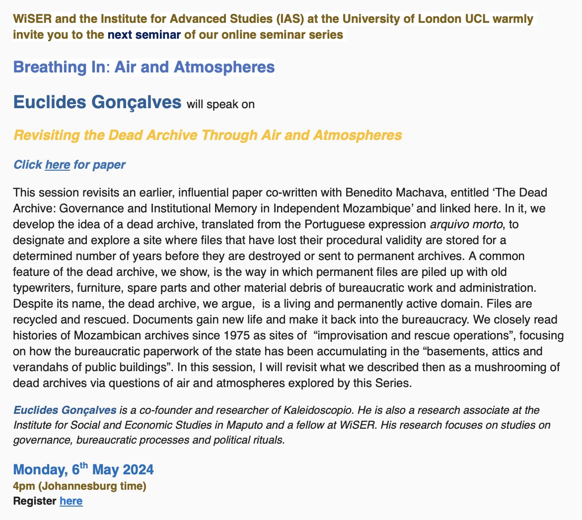 The latest series of Breathing In: Air and Atmospheres will be presented by Euclides Gonçalves will speak on Revisiting the Dead Archive Through Air and Atmospheres 🗓️ Monday, 6th May 2024 🕓 4pm Register 🔗: shorturl.at/cosAK 📝 Paper: wiser.wits.ac.za