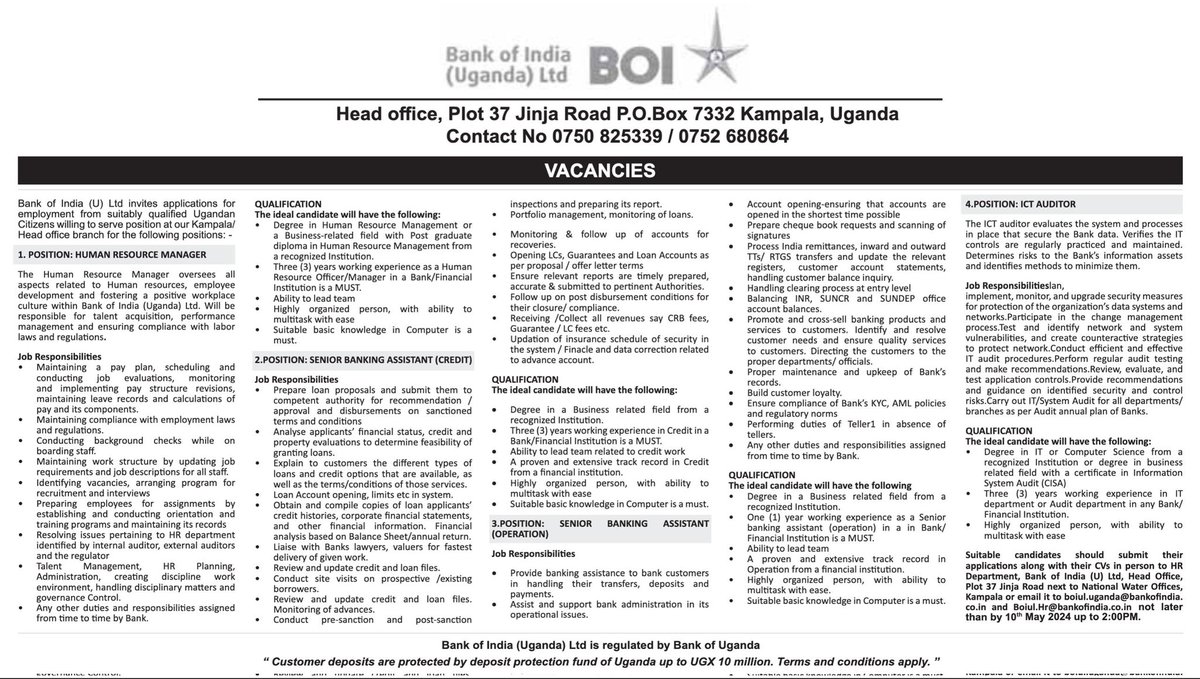Several job vacancies are available at  Bank of India. 

#jobclinicug #jobs #ApplyNow #hiring #jobsinuganda #careers #bankingjobs