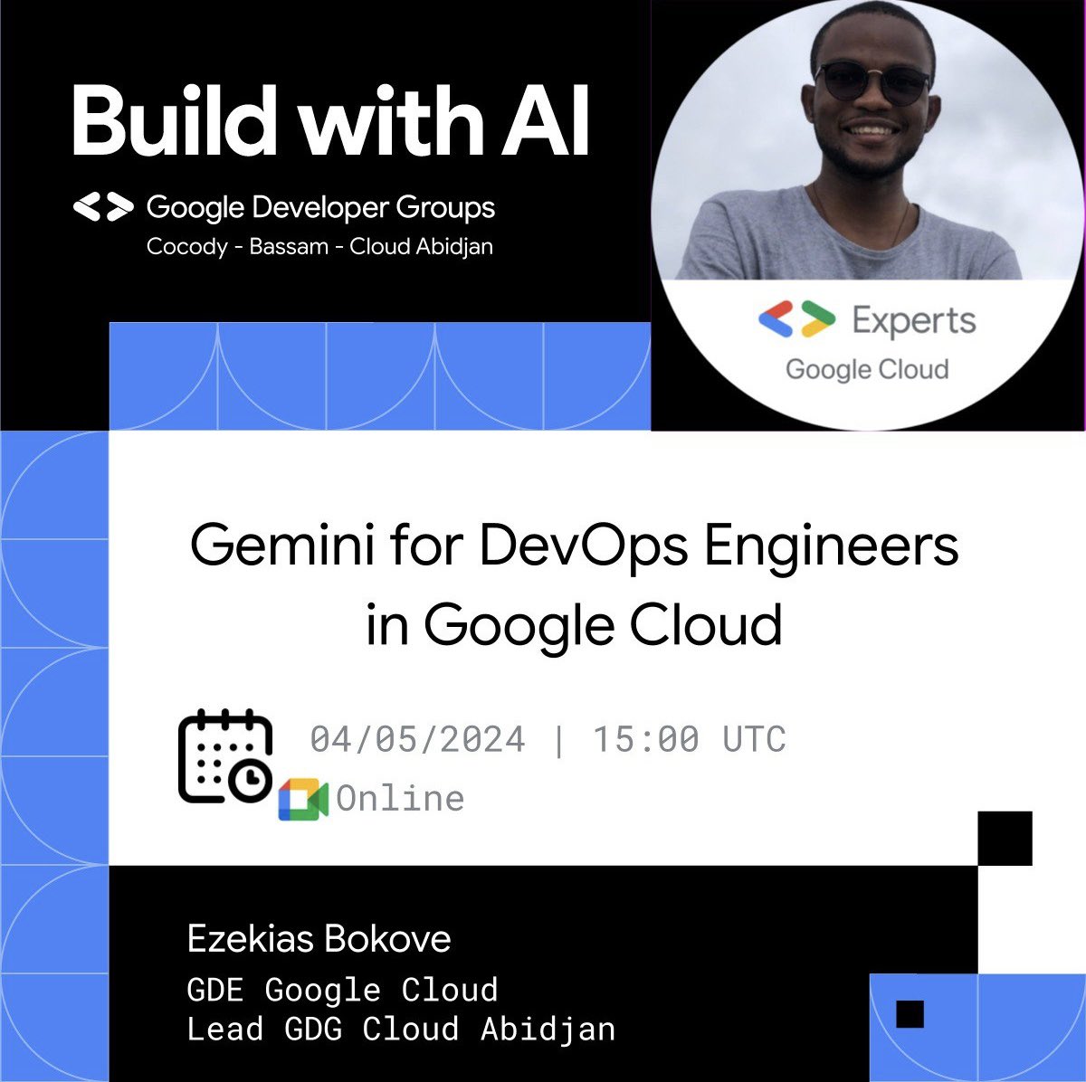 GDGCloudAbidjan's tweet photo. [Build with AI] 🥳

Join us this May 4th with @EzekiasBokove. 
He’ll talk about: Gemini for DevOps Engineers in @googlecloud ☁️

#BuildWithAI #Gemini #Gemma
RSVP: https://t.co/GS9yRcTmOV https://t.co/un51dAEIZ2