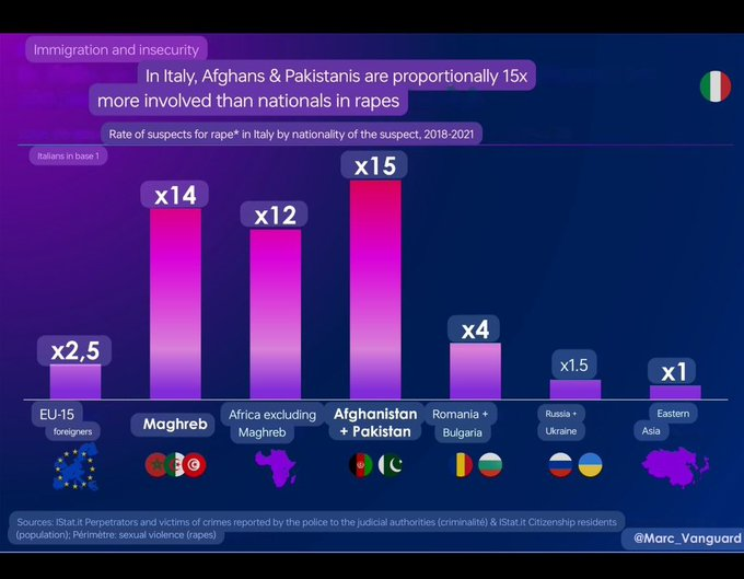 イタリアでは国籍別のレイプ犯を国籍別に計算している。結果は下記の通り。 アフガニスタン&パキスタン：15倍 マグレブ・アルジェリア・モロッコ・チュニジア：14倍 サハラ以南のアフリカ：12倍 ルーマニア・ブルガリア：4倍 EU：2.5倍 ウクライナ：1.5倍 アジア：1倍 （2018～2021年）