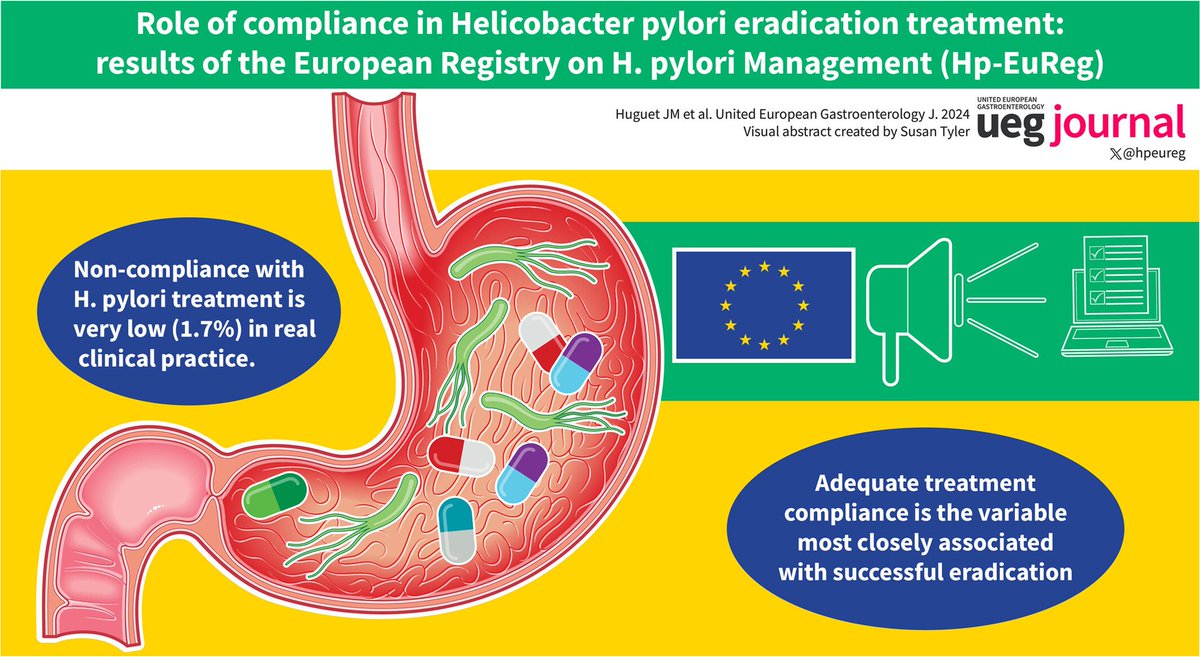 💊Role of compliance in #Helicobacter #pylori eradication treatment ➡️ Results of the #European Registry on Hp 🧫🦠 💥Hp eradication has ⬆️ adherence rates in real clinical practice (1.7% non-compliance) 📕only in @UEGJournal 🙃 👉tinyurl.com/2s878pn3 @my_ueg @WileyHealth