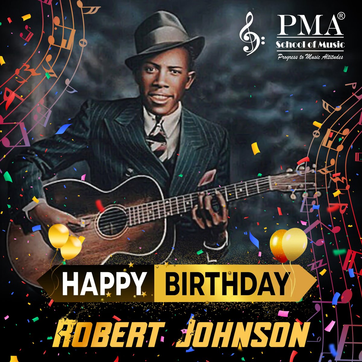 🎸🎉 Today, we honor the king of blues guitar, Robert Johnson, on what would have been his birthday! His timeless riffs and profound impact on music live on. Play a Johnson track today and feel the magic! 🎶 #RobertJohnson #BluesLegend #PMASchoolOfMusic #MUSICHISTORY #Spotify