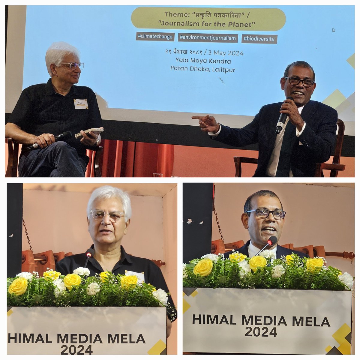 Frmr president of Maldives Mohamed Nasheed @MohamedNasheed delivered powerful & inspiring keynote this morning at Himal Media Mela 2024 on occasion of World Press Freedom Day He discussed linkages between climate crisis, democracy, non-partisan fearless journalism all against 1/n